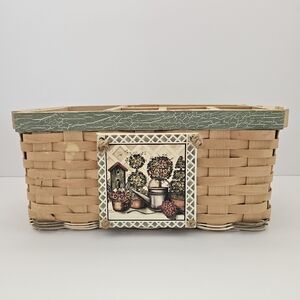 Rustic Tan Woven Basket with Green Trim